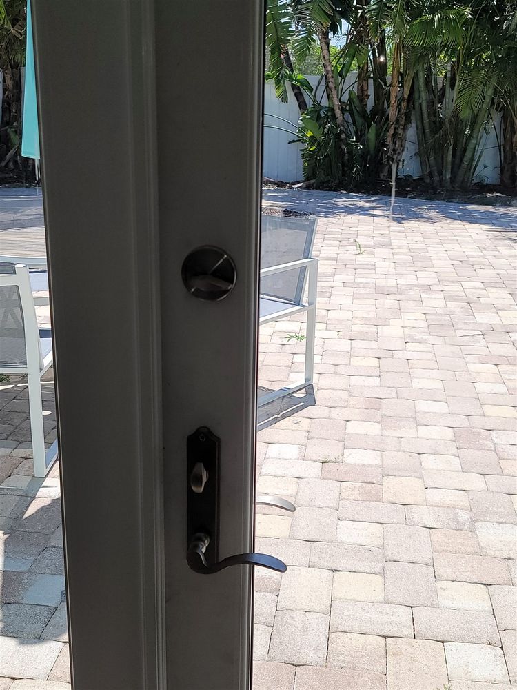 Deadbolt cylinder on an aluminum storefront door